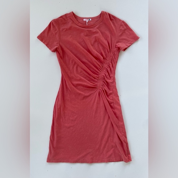 Anthropologie SUNDRY Women's Peachy Orange Ruched T-shirt Dress Mini MEDIUM NWT - Picture 1 of 8